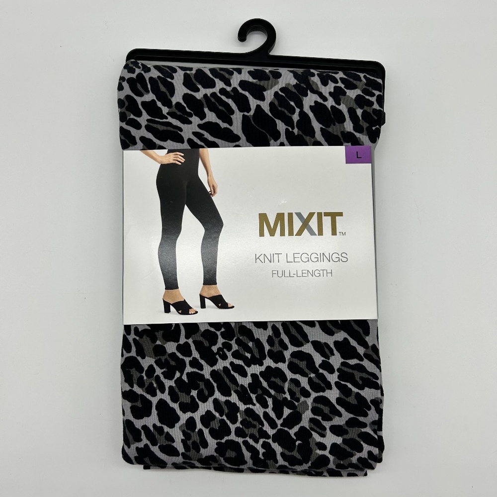 Mixit Women's Black Gray Leopard Mid Rise Full Length Leggings Size L XL - Picture 7 of 8